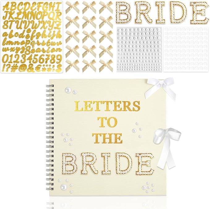 Oitnlaughter 539 Pcs Letters to The Bride Scrapbook Kit 8x8 Inch Wedding Bridal Memory Scrap Book Beige DIY Photo Album Guest Book with Pearl Stickers for Wedding Bridal Shower Anniversary