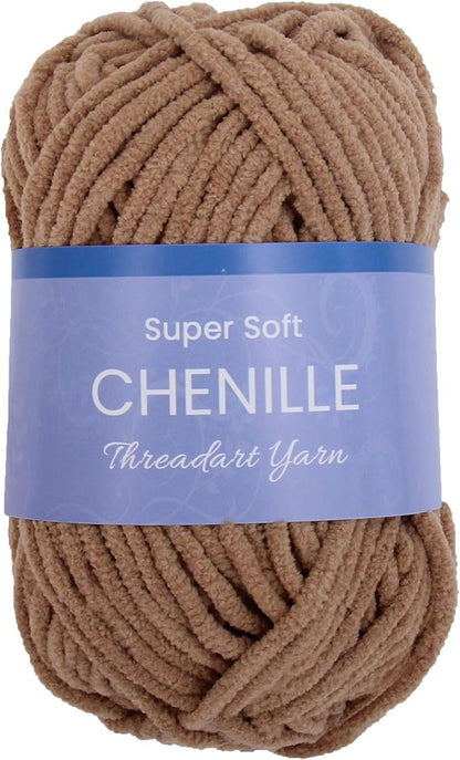 ThreadArt Chenille Yarn for Crocheting, Knitting, Amigurumi, Super Soft Plush Velvet Yarn - 50 Gram 60 yds #5 Fluffy Yarn Skeins - Camel 12