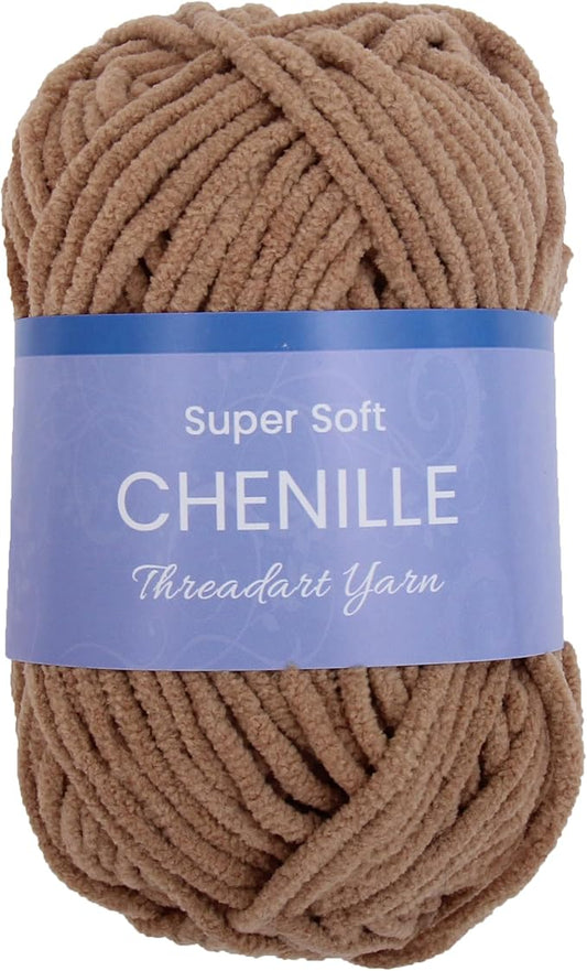 ThreadArt Chenille Yarn for Crocheting, Knitting, Amigurumi, Super Soft Plush Velvet Yarn - 50 Gram 60 yds #5 Fluffy Yarn Skeins - Camel 12