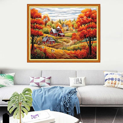 Dooxvey Cross Stitch Kits for Adults Stamped Full Range of Embroidery Starter Kits for Beginners 11CT Printed Cross Stitch Patterns Needlepoint Kits Stamped Crossstitching-Autumn Scenery 16x20 inch