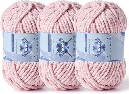Chunky Chenille Yarn for Crocheting，Baby Yarn for Crocheting Soft Blankets，Bulky Yarns for Crochet Amigurumi，3×100g (3×74.3yds) Fluffy Velvet Yarns for Hand Knitting (3 Pink)