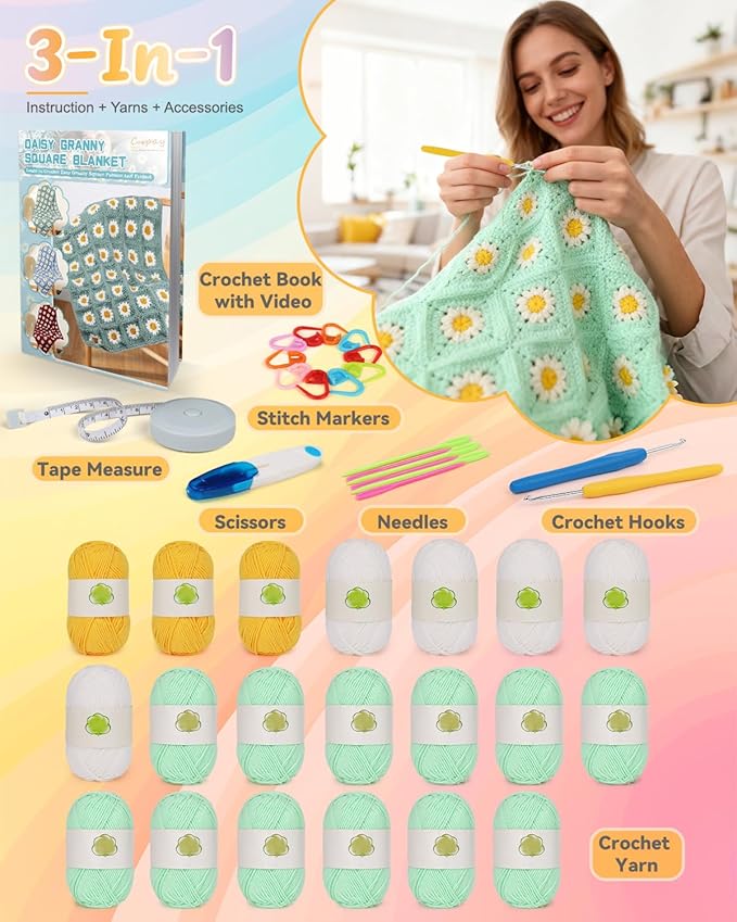 Coopay Crochet Blanket Kit for Beginners, All-in-One Granny Square Blanket Kit with Step-by-Step Video & Enough Yarns - Master Granny Square Crocheting Easily, Ideal Gift for Craft Lovers (Aqua Green)