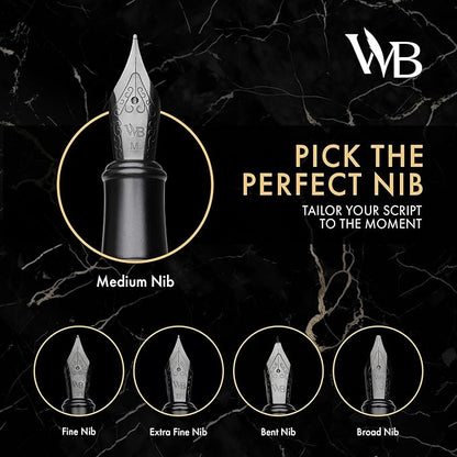 Wordsworth & Black Fountain Pen Set, Bent Nib, Includes 24 Pack Ink Cartridges, Ink Refill Converter & Gift Box, Calligraphy, [All Black], Perfect for Men & Women
