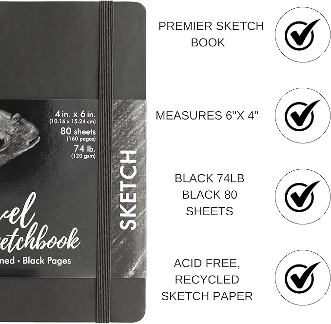 Pro Art Premier Sketch Book Travel 6"x 4" Black 74lb Black 80 Sheets, Sketch Book, Sketchbook, Drawing Pad, Pad, Drawing Paper, Art Book, Paper, Sketchbook for