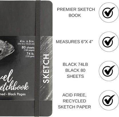 Pro Art Premier Sketch Book Travel 6"x 4" Black 74lb Black 80 Sheets, Sketch Book, Sketchbook, Drawing Pad, Pad, Drawing Paper, Art Book, Paper, Sketchbook for