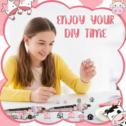 Geyee 12 Set Plastic Beadable Pens Assorted Bead Pens Crystal Wood Round Spacer Set Black Ink DIY Ballpoint for Women Men Gift Office Supplies(Cow Pattern)