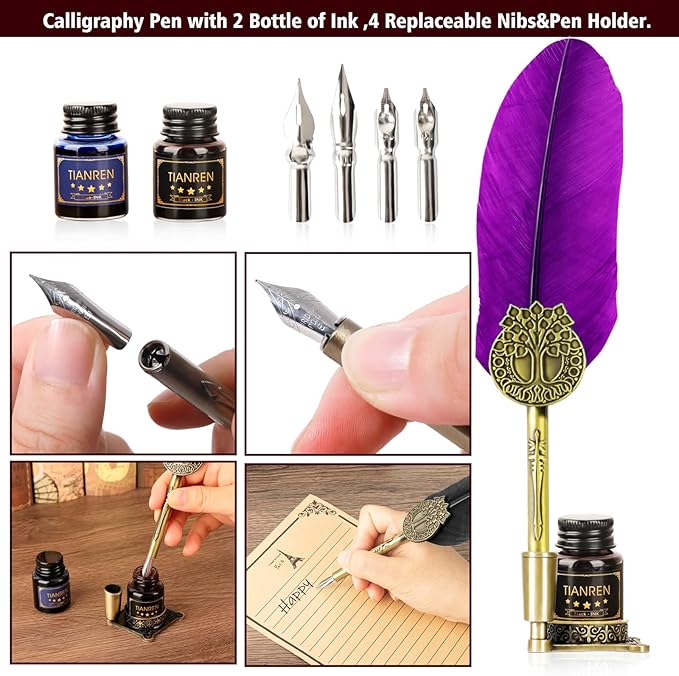 TIANREN Quill pen ink set,Feather Pen and Ink Set,Antique Calligraphy Pen with 4 Replaceable Nibs,2 Bottle of ink,Feather Dip Pen Holder Christmas Gift for Men&Women.(Purple)