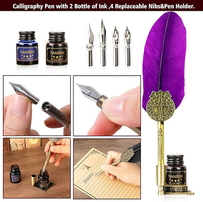 TIANREN Quill pen ink set,Feather Pen and Ink Set,Antique Calligraphy Pen with 4 Replaceable Nibs,2 Bottle of ink,Feather Dip Pen Holder Christmas Gift for Men&Women.(Purple)