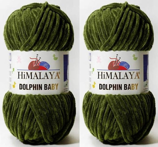 2 Skein/Pack Himalaya Dolphin Baby Chenille Yarn, Each Ball 100 gr (3.5 oz), 120 m (132 Yards), 100% Polyester, Super Bulky Baby Blanket Velvet Amigurumi Yarn, 80361 - Olive Drab