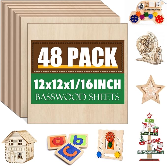 48 Pack Basswood Sheets 1/16x12X12Inch,Plywood Sheets for Crafts.Unfinished Wood Boards for Laser Cutting & Engraving,Burning,Balsa Wood Sheet for Painting.