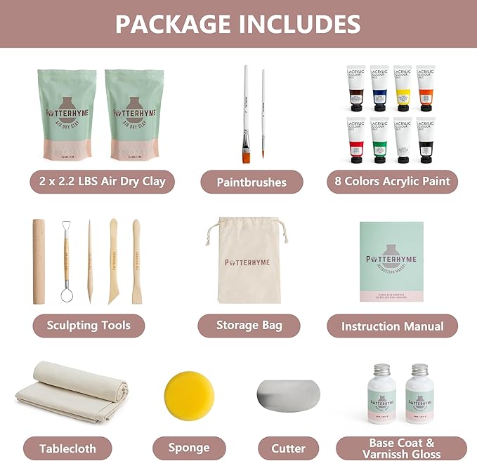 Pottery Starter Kit for Adults with Air Dry Clay – Complete Deluxe Home Sculpting & Making Set with Tools, 8 Paint Colors & Varnish - DIY Home Ceramics for Beginners, Date Night Activities Gifts