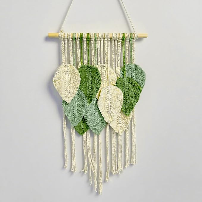 Macrame Wall Hanging Boho Wall Tapestry Handmade Woven Leaf Wall Decor Crochet Wall Art for Home Office Apartment (Green, 15.8" W X 31.5" L)