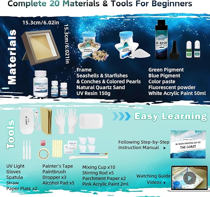 iLAND Craft Kits for Adults DIY UV Resin Kit Beach Themed Crafting Ocean Resin Art Creative Adult Crafts for Women Resin Art Set for Beginers Crafty Gifts for Women Teen Girls on Christmas Romantic