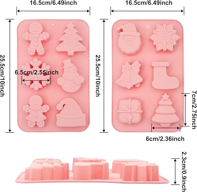 2 Pcs Christmas Soap Silicone Molds for Mini Cakes Xmas Candle Christmas Tree Socks Snowflake Santa Claus Gift Box Jingle Bell Baking Molds for Home Handmade DIY Tool