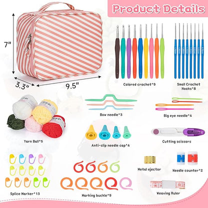 GMAK Crochet Kit for Beginners Adults, 59 PCS Crocheting Sets Include Yarn, Hooks and Tools, Portable Crochet Starter Kit for Making Variety Projects Crocheting Supplies, Pink Stripe