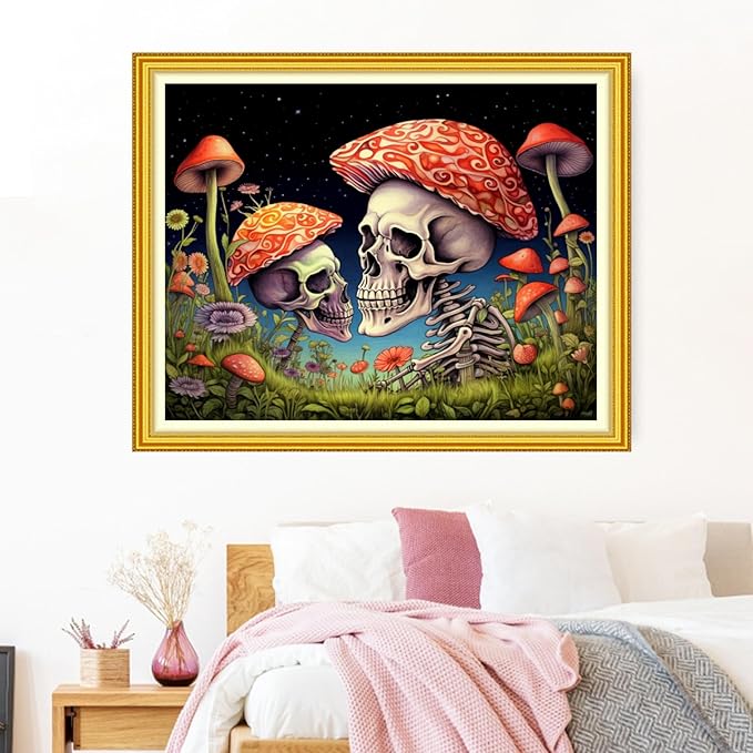 Funxvoot Stamped Cross Stitch Kits Beginners Full Range of Embroidery Starter Kits for Adults 11CT Printed Cross Stitch Kits for Beginners Adults-Skeleton Mushroom 16x20 inch