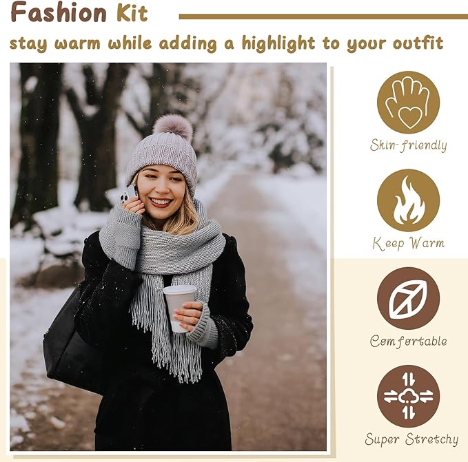 Maasechs Knitting Kit for Beginners, Learn to Knit Kit for Adults, Complete Hat, Scarf, Gloves Starter Bundle with Step-by-Step Instructions Includes Wool Yarn, Needles & Accessories (Gray)