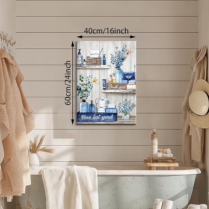 WANGTIAO Navy Blue Shelf Pattern Bathroom Canvas Wall Art Rustic Grey Wood Grain Wall Paintings Please Seat Yourself Sign Prints Pictures Vintage Aesthetic Bathroom Poster Artwork Home Decor 16"x24"