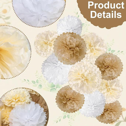 SUNBEAUTY 15 PCS Boho Champagne Pom Poms Tissue Paper Flowers, Wall Hanging Decor Neutral Party Wedding Decorations,Cream Beige White Paper Flowers for Wedding Birthday Bridal Showers Party Supplies
