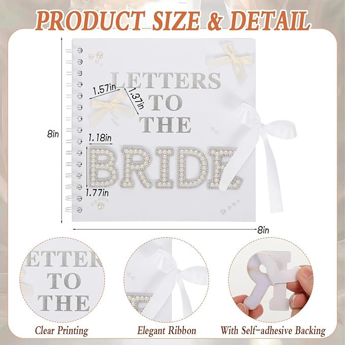 Letters to The Bride Scrapbook Kit - 8x8 Inch Wedding Memory Book & Guest Book with “BRIDE” Pearl Letters, Bows & Heart Stickers - DIY Wedding Memory Album for Bridal Shower, Engagement Gift