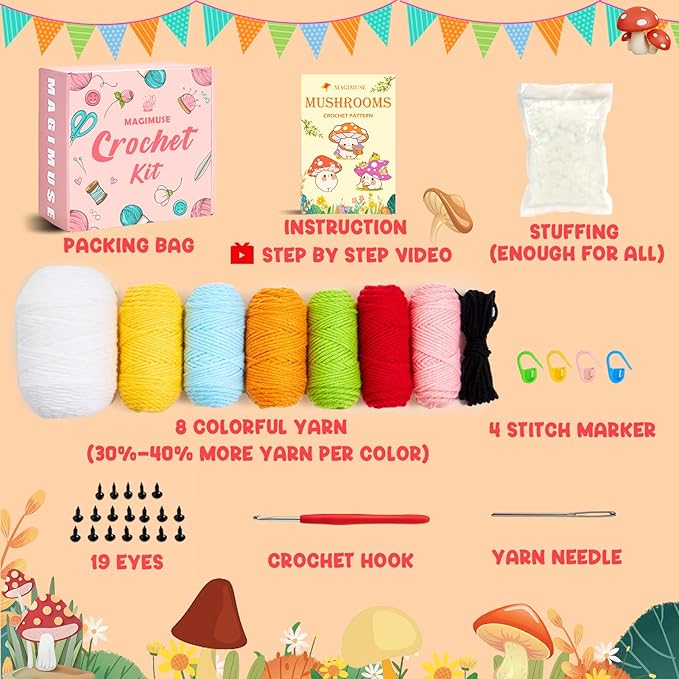 MAGIMUSE Crochet Kit for Beginners, Crochet Starter Kits for Adults Amigurumi Craft Knitting Crocheting Kits with Step-by-Step Video Tutorials, Mushroom Family(40%+ Yarn