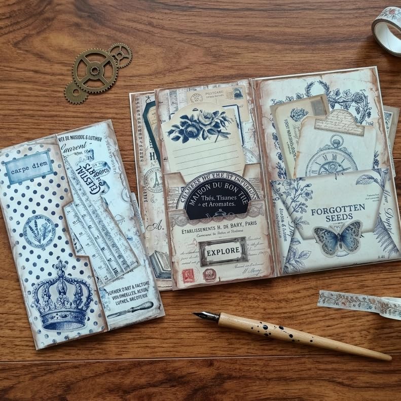 Indigo Vintage Curios Junk Journal Folio Kit, Vintage Scrapbook DIY Handcraft Supplies, Creative Mini Folder & Booklet Making Set for Handmade Art Projects by Unknown
