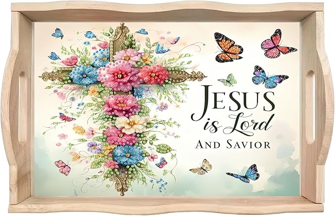 DoxQcs DIY Diamond Art Wooden Tray Kit Easter Food Tray with Handle Diamond Painted Table Decoration Tray for Breakfast Bar Dinner Table Diamond Art Painting for Beginners-#09-Flower Cross