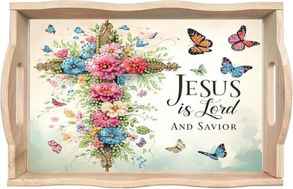 DoxQcs DIY Diamond Art Wooden Tray Kit Easter Food Tray with Handle Diamond Painted Table Decoration Tray for Breakfast Bar Dinner Table Diamond Art Painting for Beginners-#09-Flower Cross