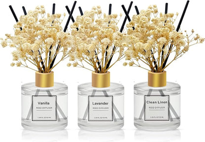 POWSHELF Reed Diffuser Set of 3 Pack,50ML Vanilla Clean Linen Lavender Scented Oil Diffuser with 5 Sticks,Home Fragrance Reed Diffuser for Bedroom Bathroom Office (Vanilla/Clean Linen/Lavender)
