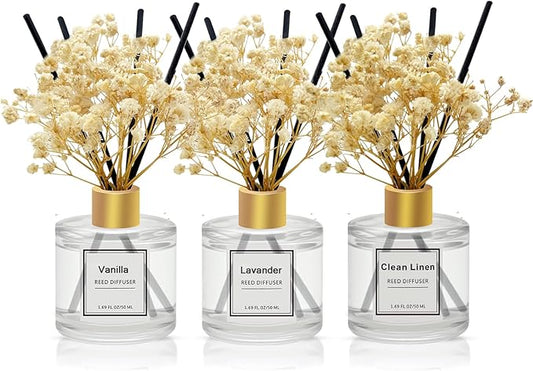 POWSHELF Reed Diffuser Set of 3 Pack,50ML Vanilla Clean Linen Lavender Scented Oil Diffuser with 5 Sticks,Home Fragrance Reed Diffuser for Bedroom Bathroom Office (Vanilla/Clean Linen/Lavender)