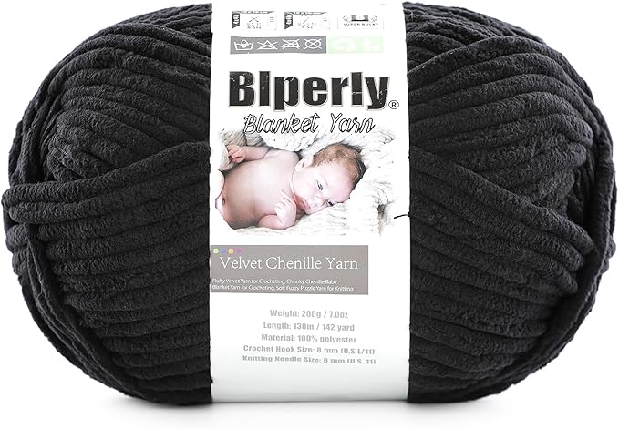 6 Super Bulky Velvet Chenille Yarn for Crocheting - 1 Skein of 200g/7 oz - Ultra Soft Heavy Weight Chunky Knitting Yarn for Baby Blankets, Amigurumi, Home Decor（Black，1 Skein）