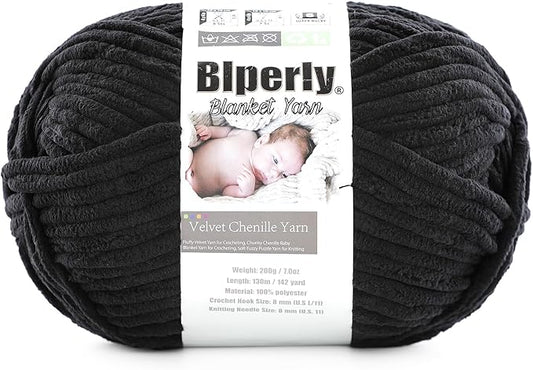 6 Super Bulky Velvet Chenille Yarn for Crocheting - 1 Skein of 200g/7 oz - Ultra Soft Heavy Weight Chunky Knitting Yarn for Baby Blankets, Amigurumi, Home Decor（Black，1 Skein）