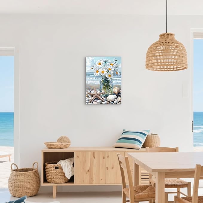 WENGTIAO Blue Beach Bunch of Flowers Canvas Wall Art Ocean Stones Paintings White Flowers in Full Bloom Wall Picture Canvas Print Artwork Wall Decor for Dining Office Living Room Bedroom 12"x16"