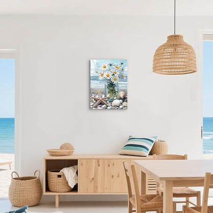 WENGTIAO Blue Beach Bunch of Flowers Canvas Wall Art Ocean Stones Paintings White Flowers in Full Bloom Wall Picture Canvas Print Artwork Wall Decor for Dining Office Living Room Bedroom 12"x16"