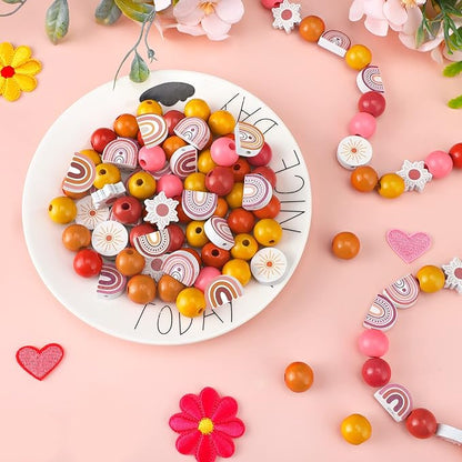 200 Pcs Rainbow Wooden Beads for Crafts First Trip Around The Sun Spacer Wood Boho Rainbow Rustic Farmhouse Beads for DIY Home Party Decors