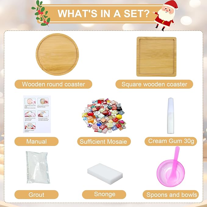 kuchisity 8 Pack DIY Glass Mosaic Tiles for Crafts, Mixed Color Mosaic Kits with Wooden Coasters Adult DIY Coasters Kit for Handmade Beverage Tray Home Christmas Decoration