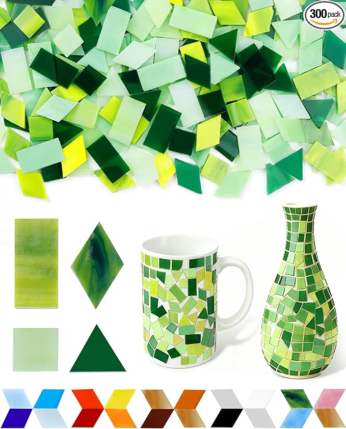 FIVEIZERO 260g Glass Mosaic Tiles for Crafts - 300 Pieces Tiny Mosaic Tile Kit, Irregular Pieces for DIY Craft Jewelry, Coaster Art & Mosaic Kits (Green)