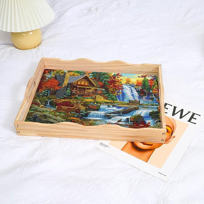 DOTSOPS 5D Diamond Art Kits for Adults Wooden Serving Tray with Handle Special Diamond Painting Plate Big Gem Dots Paint by Numbers Crafts Kits for Living Room Log Cabin 12 x 16 Inches