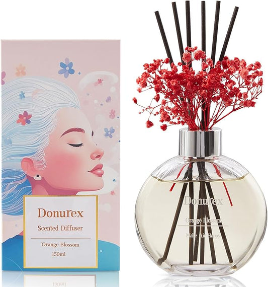 Donurex Flower Reed Diffuser Set 5.07oz Orange Blossom Scent Diffuser with Sticks Home Fragrance Reed Diffuser for Bathroom Shelf Decor
