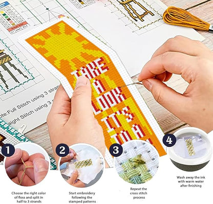 ORIGACH 6 Pcs Cross Stitch Bookmark Kit for Beginner Adults, Reading Sayings Stamped Embroidery Bookmark Kit with Instruction for Starters Printed Cross Stitch DIY Kits for Book Lovers