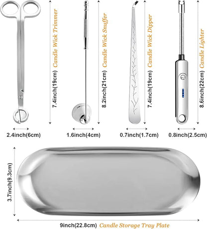 Lsnisni 5Pcs Candle Accessory Set With Rechargeable Electric Lighter, Storage Tray, Wick Trimmer, Snuffer, Dipper - Stainless Steel Care Kit With Gift Package for Candle Lovers - Silver