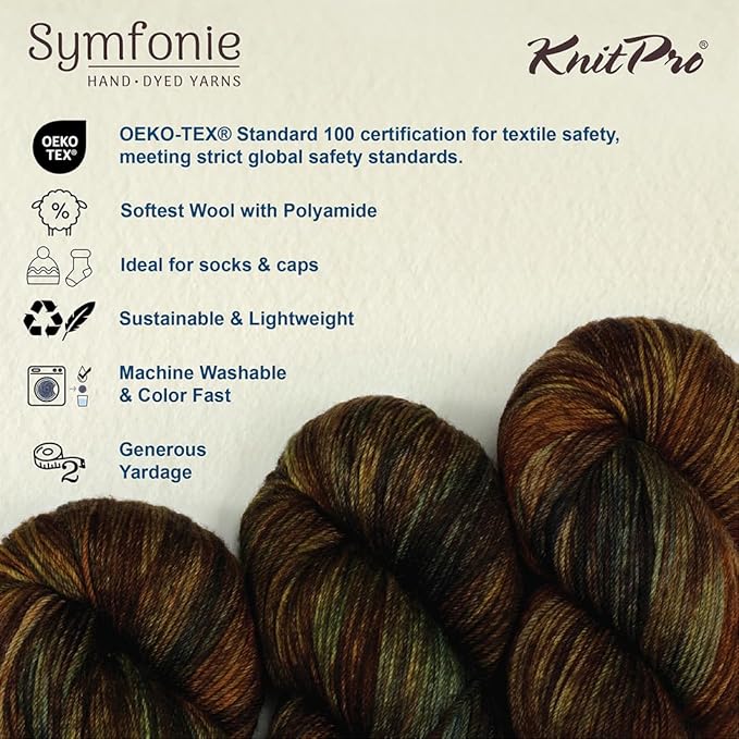 KnitPro Symfonie Hand Dyed Yarn | Extra Fine Merino Wool & Polyamide Blend for Knitting & Crocheting, Fingering Weight, Oeko-TEX Certified 400m, 100g Skein | Terra Variegated Wilderness
