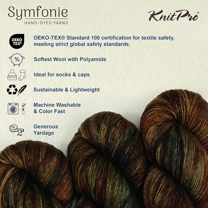 KnitPro Symfonie Hand Dyed Yarn | Extra Fine Merino Wool & Polyamide Blend for Knitting & Crocheting, Fingering Weight, Oeko-TEX Certified 400m, 100g Skein | Terra Variegated Wilderness