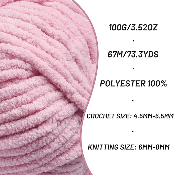 Chunky Chenille Yarn for Crocheting，Baby Yarn for Crocheting Soft Blankets，Bulky Yarns for Crochet Amigurumi，2×100g (2×74.3yds) Fluffy Velvet Yarns for Hand Knitting (2 Pale Pink)
