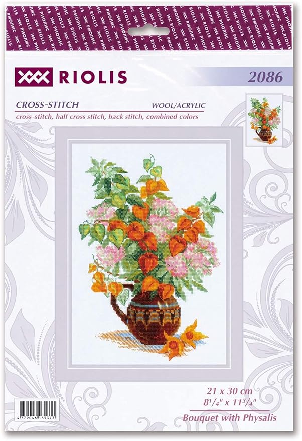 RIOLIS - Bouquet with Physalis 2086, Cross Stitch Kits 8¼" x 11¾", Cross Stitch Kits for Beginners & Advanced, Crossstitching Kit Adult, Embroidery Counted Stitching Kit