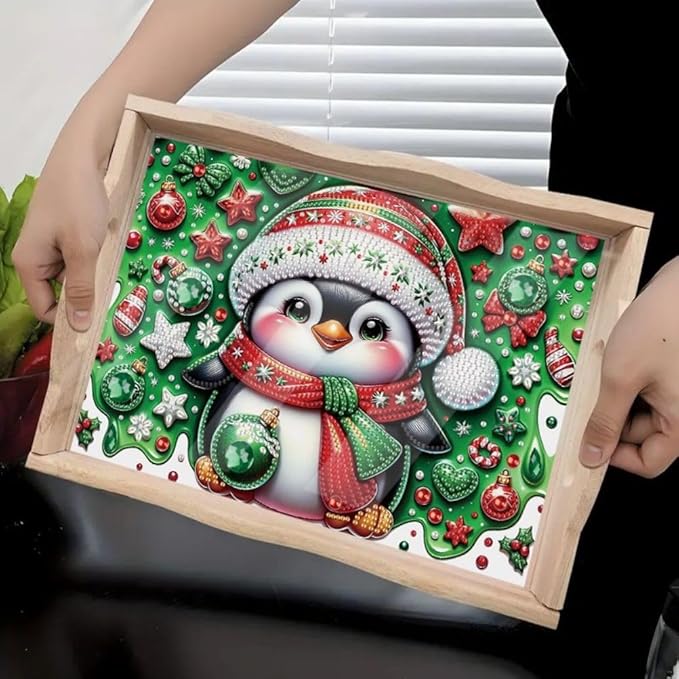 DoxQcs DIY Diamond Art Wooden Food Tray with Handle Diamond Painted Table Decoration Tray for Breakfast Bar Dinner Table Diamonds Art Painting for Beginners-Penguin