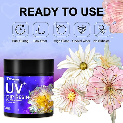 Teexpert UV Dip Resin for Wire Flowers Kit, 100g Crystal Clear UV Resin Starter Kit with 6 Winding Rods, Pliers, 2Pcs 31FT Wires for Jewelry Making, Fast Cure Thick Glue for DIY Flower Decoration