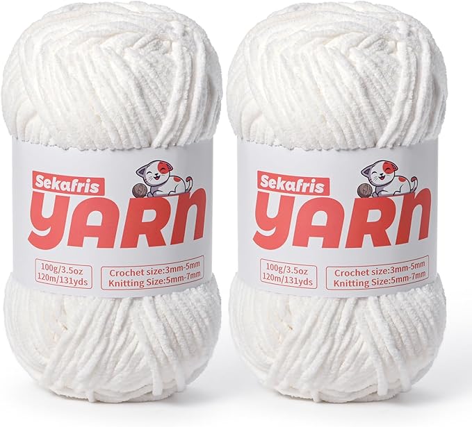 2 Pack Plush Chunky Chenille Yarn for Crocheting, Soft Fluffy Velvet Yarn for Crocheting Amigurumi, Fuzzy Baby Blanket Knitting 200g/262yds Bulky(2 Snow White)