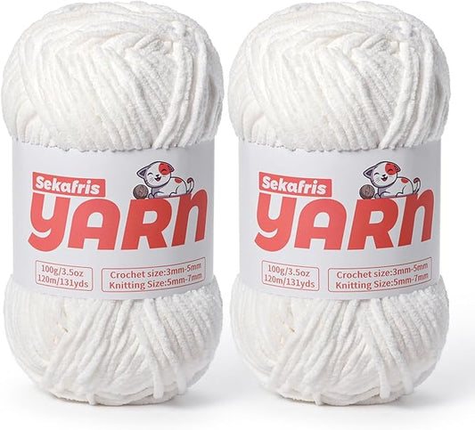 2 Pack Plush Chunky Chenille Yarn for Crocheting, Soft Fluffy Velvet Yarn for Crocheting Amigurumi, Fuzzy Baby Blanket Knitting 200g/262yds Bulky(2 Snow White)