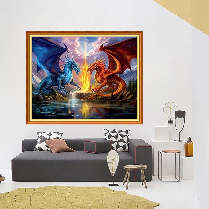 Foxhool Stamped Cross Stitch Kits,11CT Printed Cross Stitch Pattern Full Embroidery Kits for Beginner Needlepoint Kits-Two Dragons 16x20 inch